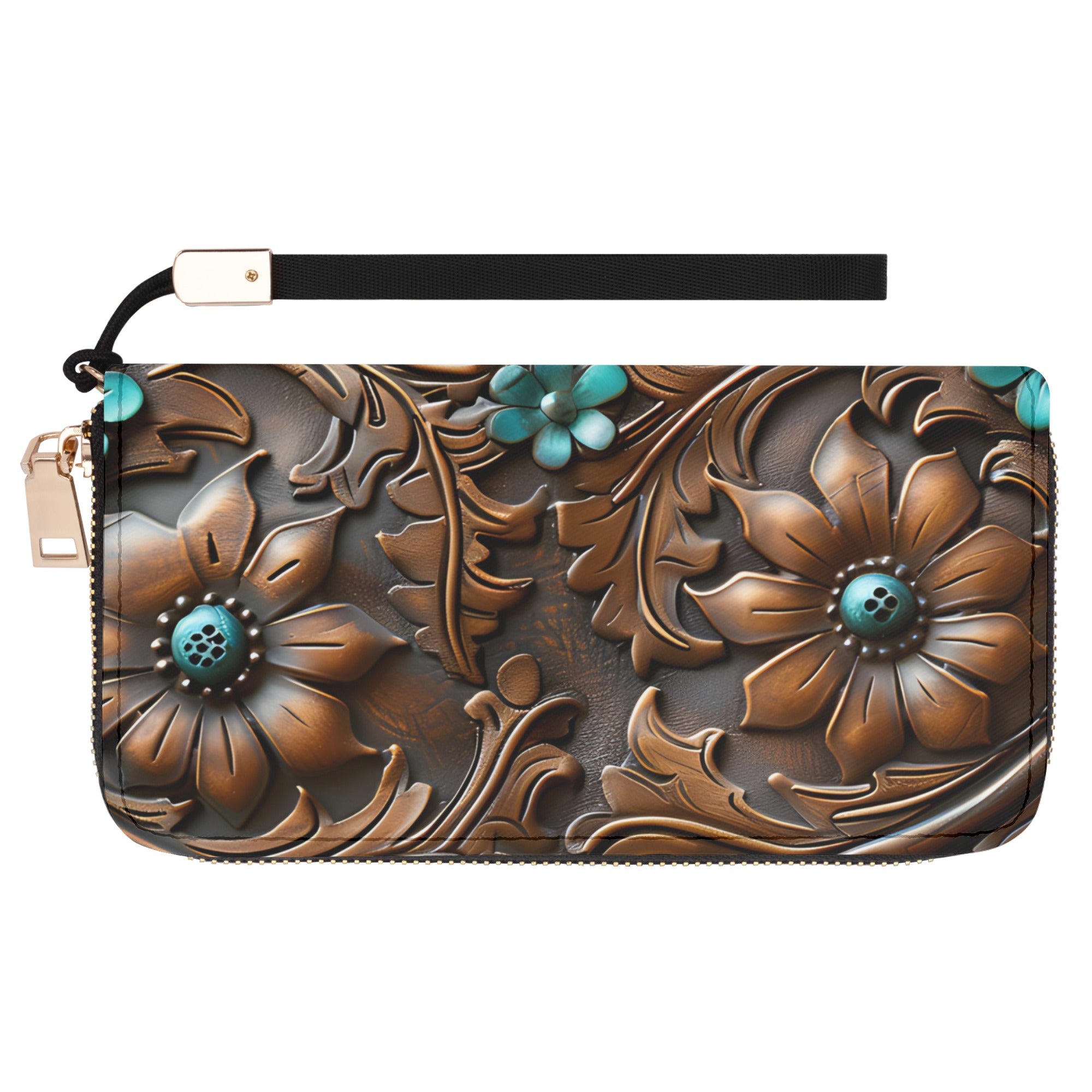 Flower Tooled Leather Zipper Wristlet Wallet