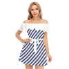 Blue Stripped Women's Off-shoulder Dress With Ruffle