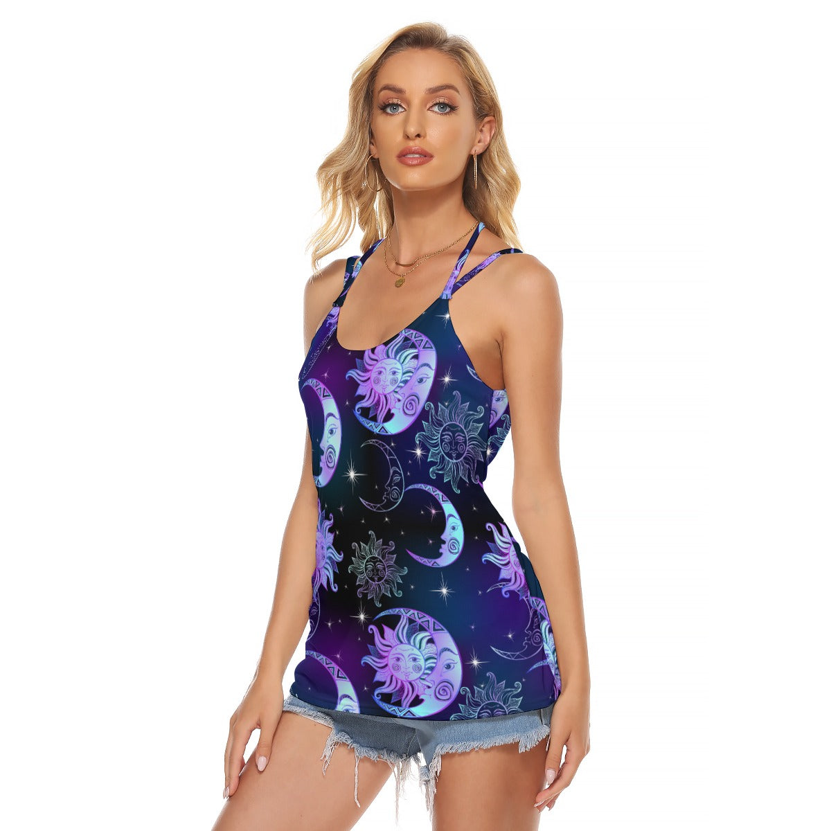 Celestial Moon And Stars Women's Halter Top With Backless