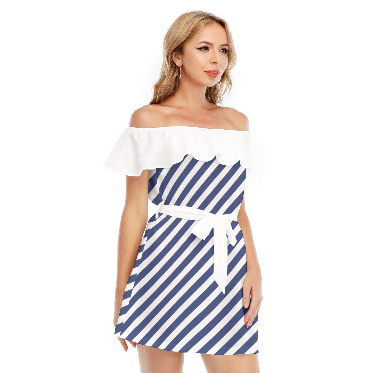 Blue Stripped Women's Off-shoulder Dress With Ruffle